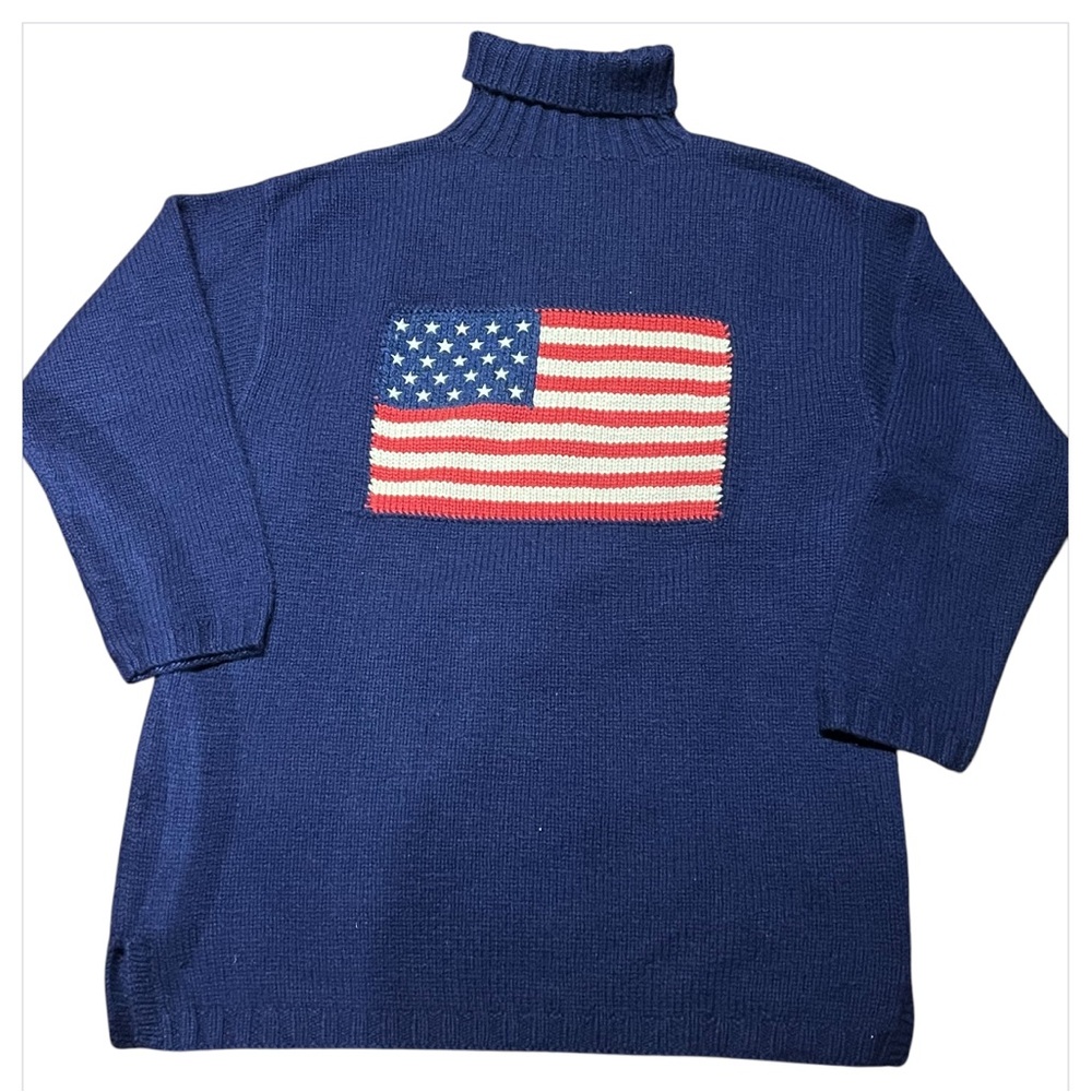 Rare Iconic Vintage POLO Ralph Lauren NAVY 100% Cashmere Flag Sweater Size Large